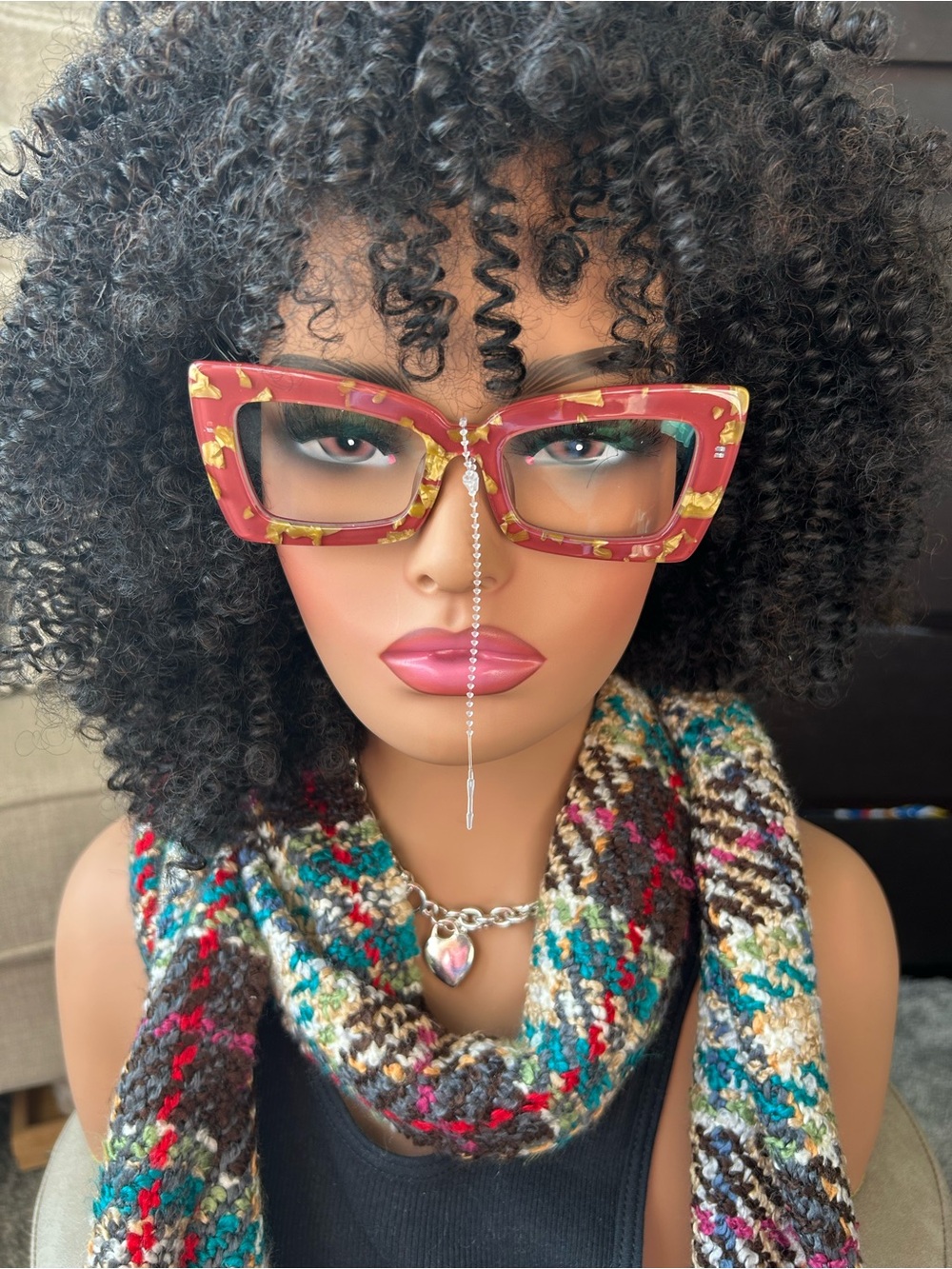 Red Floral Cat-Eye Sunglasses with Rhinestone Nose Chain